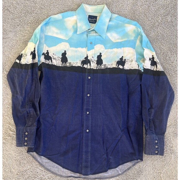 Wrangler Brushpopper Vintage Pearl Snap Shirt Cowboy Blue Sky Graphic Large - Picture 1 of 6